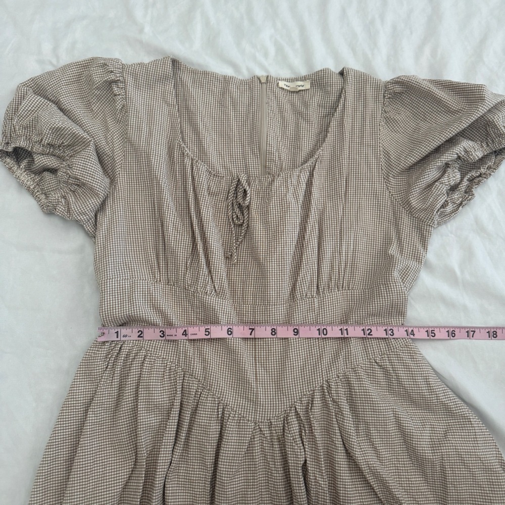Tea n Rose Womens Cottagecore Tan Gingham Midi Dress Small Farmcore Peasant - Picture 5 of 8